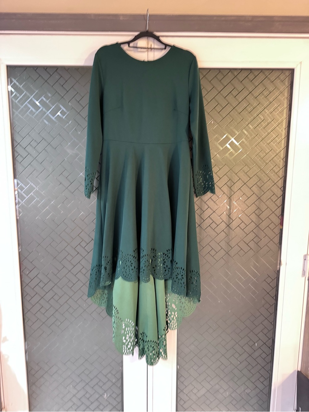 SHEIN Emerald Green Long Sleeve Hi-Low Laser-Cut Dress